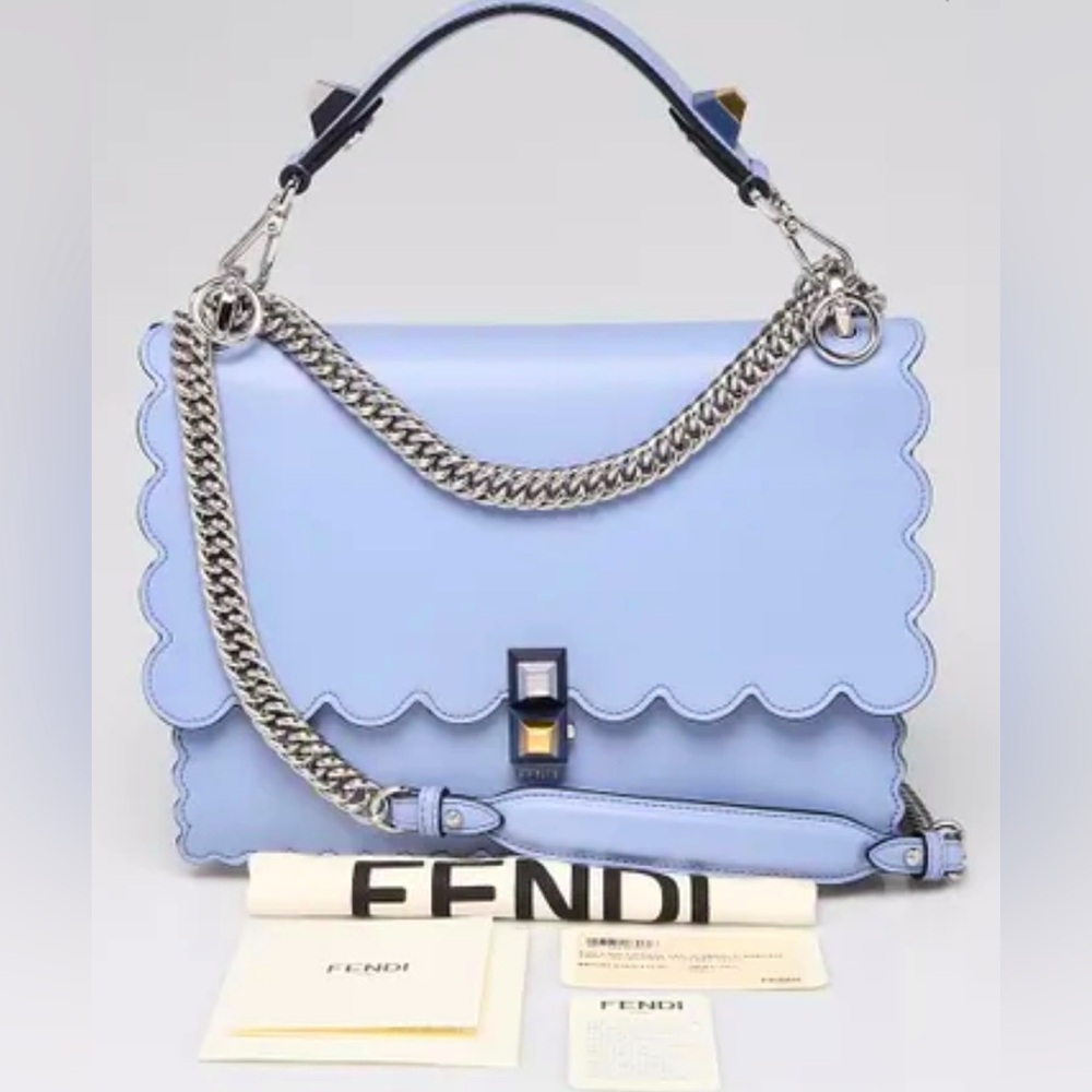 NWT-Fendi Light Blue Smooth scalloped Leather Kan | Medium Shoulder